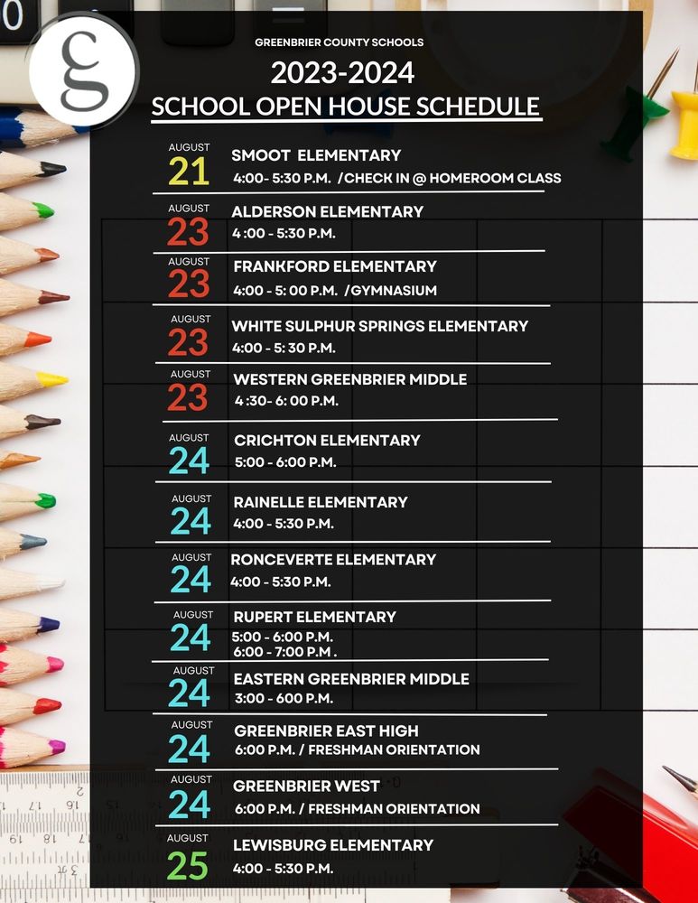 20252025 School Open House Dates Greenbrier County Schools