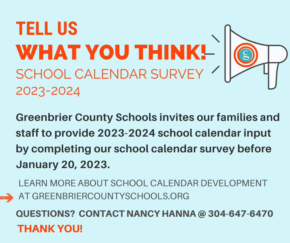 Tell us what you think! GCS invites families and staff to provide 2023-34 school calendar input by completing our school calendary survey by Jan. 20, 2023. 